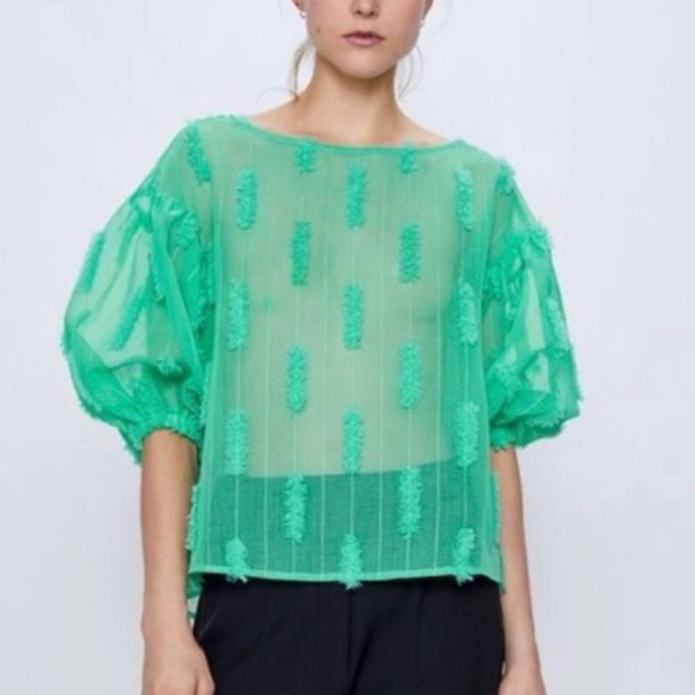 NWT Zara Sheer Puff Sleeve Spearmint Green Fringe Textured Blouse